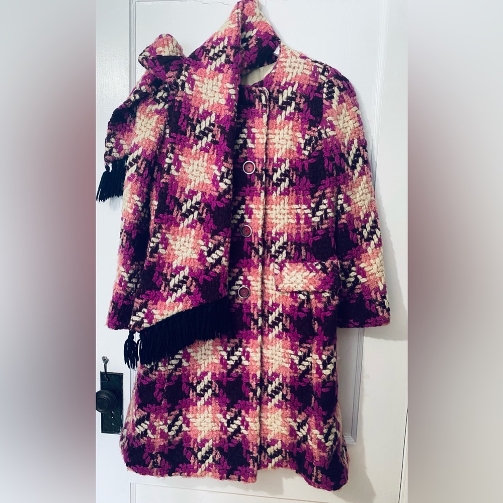 Plaid Wool Blend Coat with Scarf